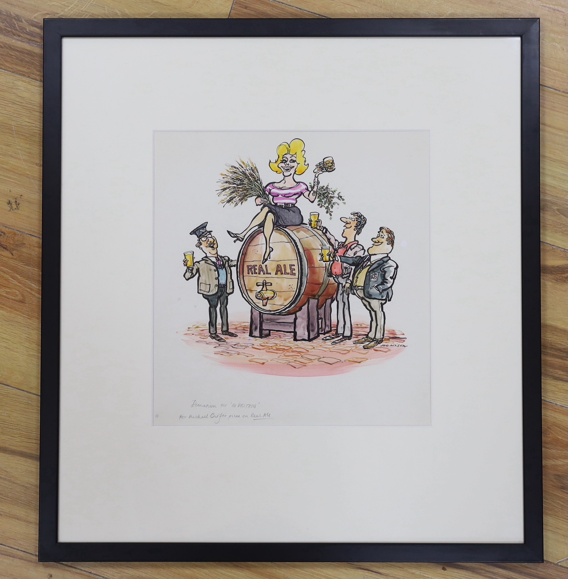 William Hewison (1925-2002), original signed cartoon, 'Real Ale', inscribed 'Decoration for In Britain, for Michael Cross piece on Real Ale', 31 x 29cm